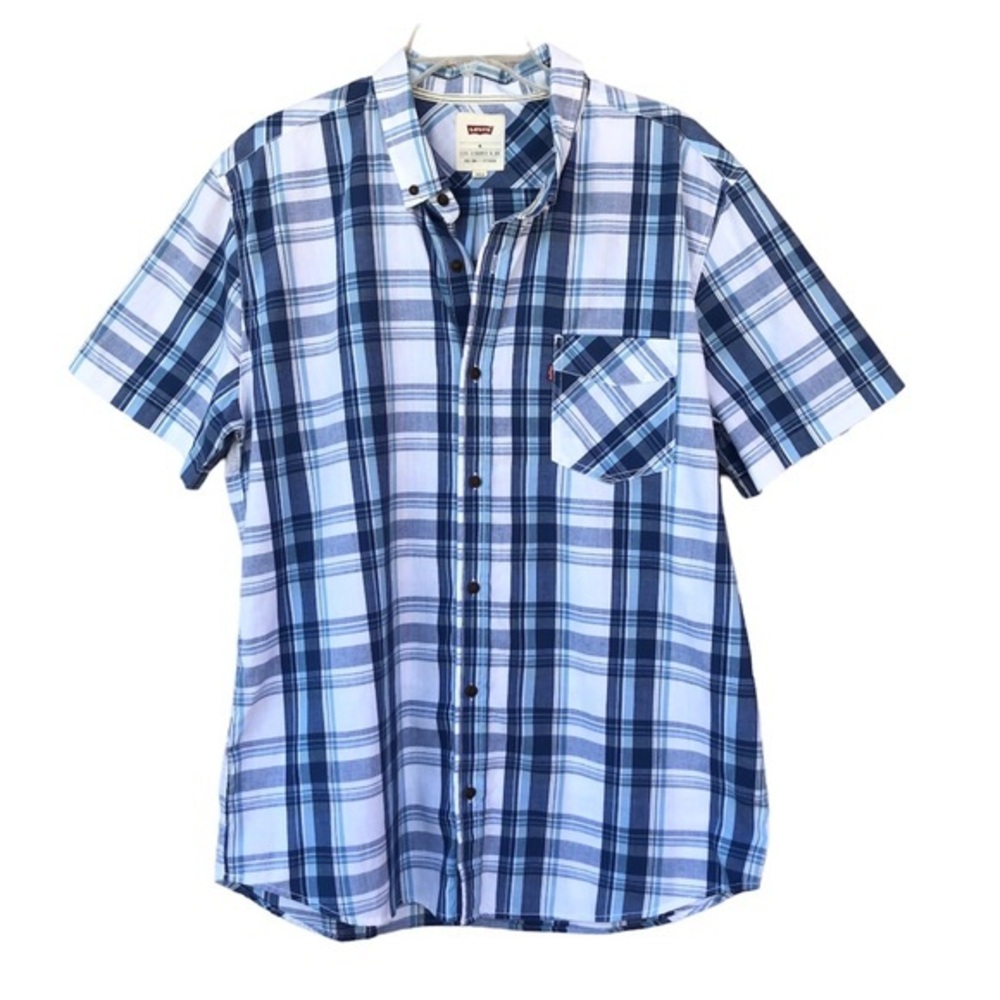 Levi's Cotton Blend Blue White Plaid Button Down Short Sleeve Casual Shirt XL